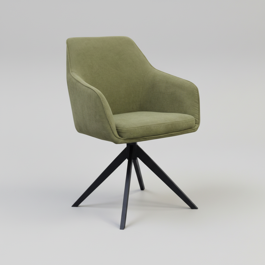 Olive fabric swivel chair with padded seat, rounded back, and four-point black base