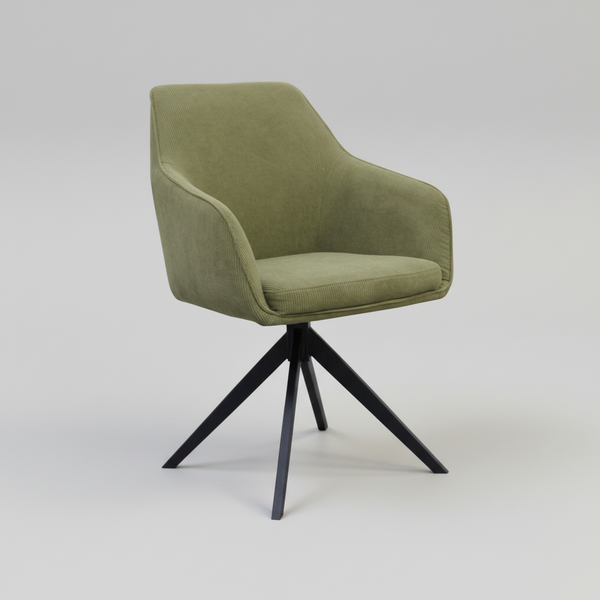 Olive fabric swivel chair with padded seat, rounded back, and four-point black base