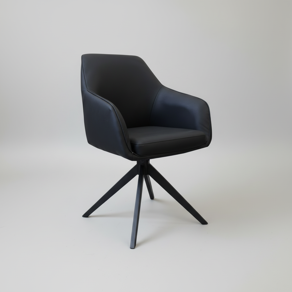 Black eco-leather swivel dining chair, contoured back and seat, four-leg star base