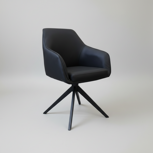 Black eco-leather swivel dining chair, contoured back and seat, four-leg star base