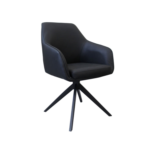 Black eco-leather swivel dining chair with padded seat and armrests, star base legs