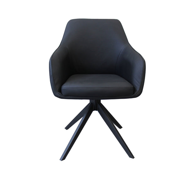 Black eco-leather swivel dining chair, padded seat, arched back, four-leg star base