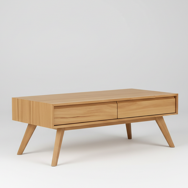 Light wood coffee table with one wide drawer and tapered legs