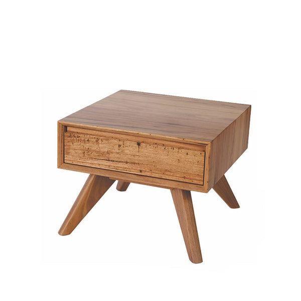 Light wood coffee table with single drawer and angled tapered legs
