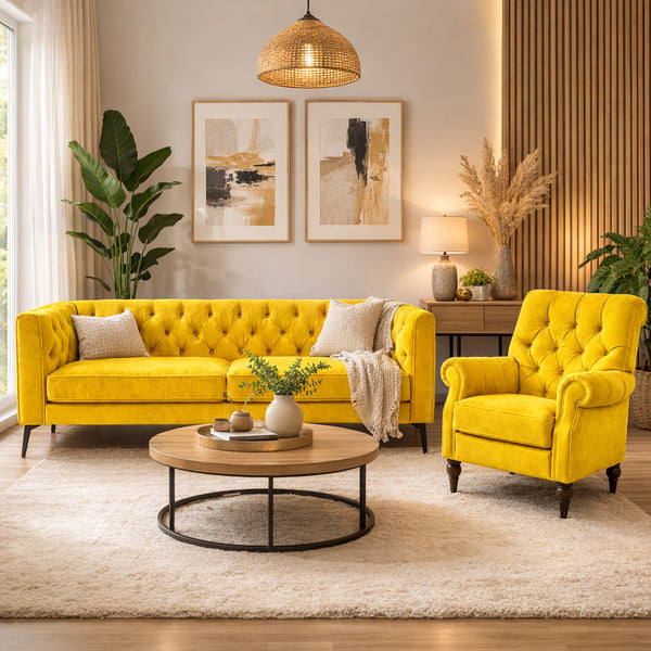 Living room with yellow sofa and armchair, wooden coffee table, and decorative elements.