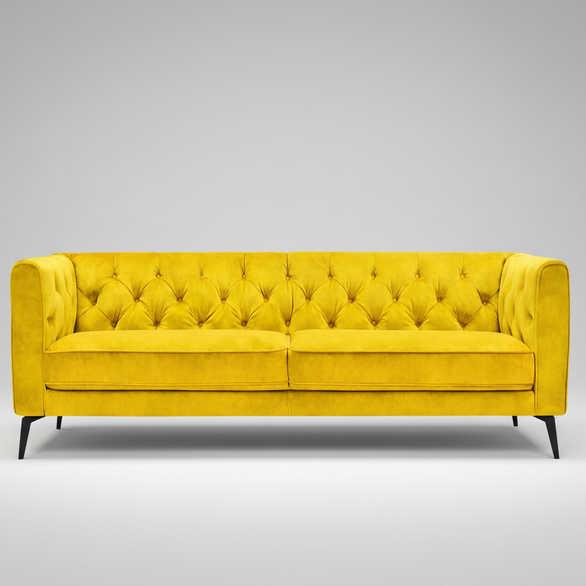 Yellow tufted sofa on a white background