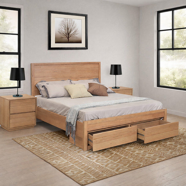Wooden bed with storage drawers in a bedroom setting.