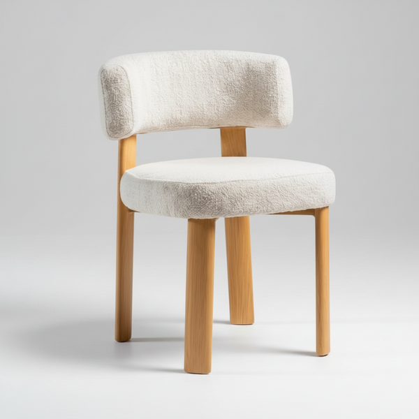 Chair with beige cushioned seat and backrest on a light gray background