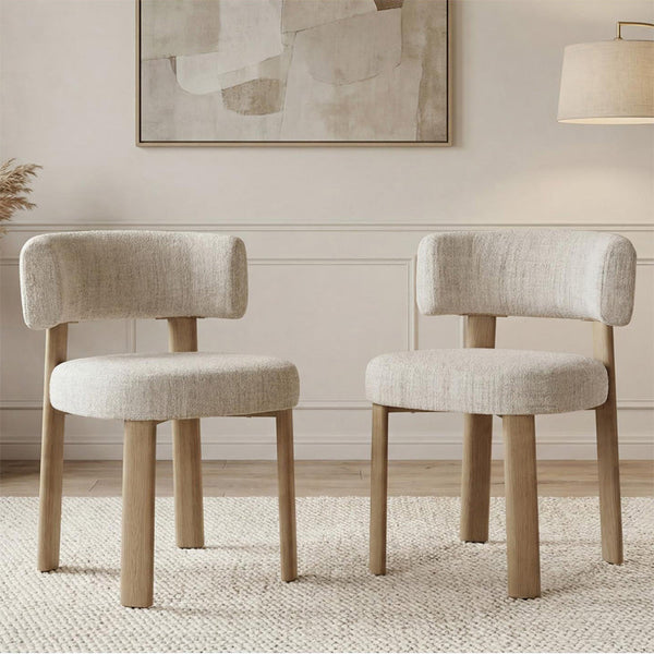 Set of two dining chairs with mist grey fabric seats and rounded backs