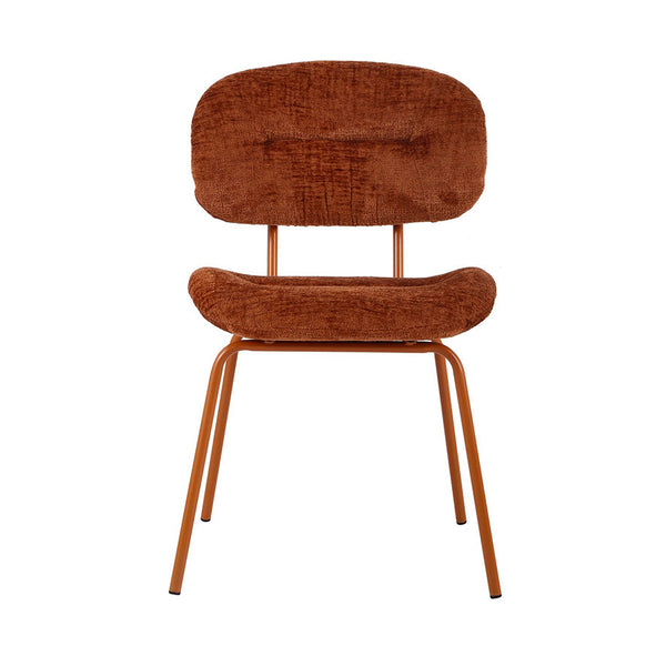 Brown fabric dining chair viewed from back, rounded backrest and cushioned seat