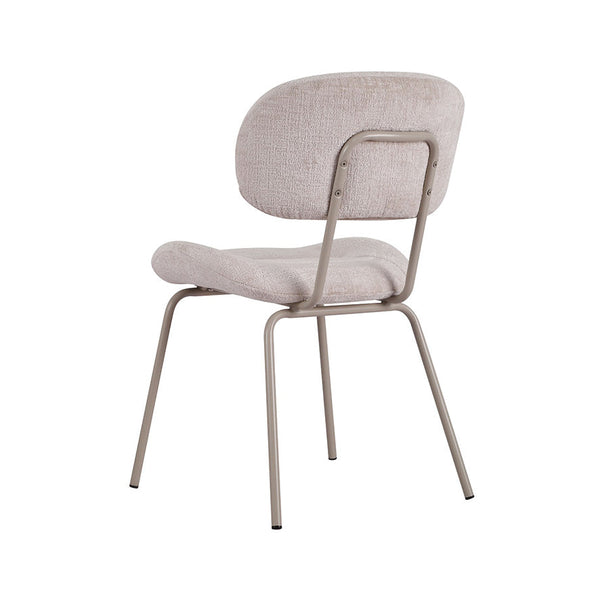 Pearl fabric dining chair with curved padded back and seat, metal frame, side view