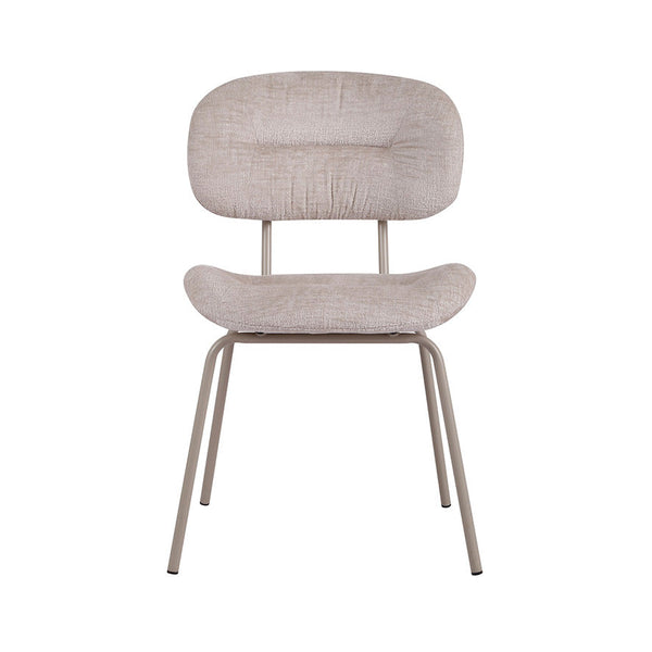 Pearl fabric dining chair with rounded backrest, cushioned seat, and metal frame, rear view