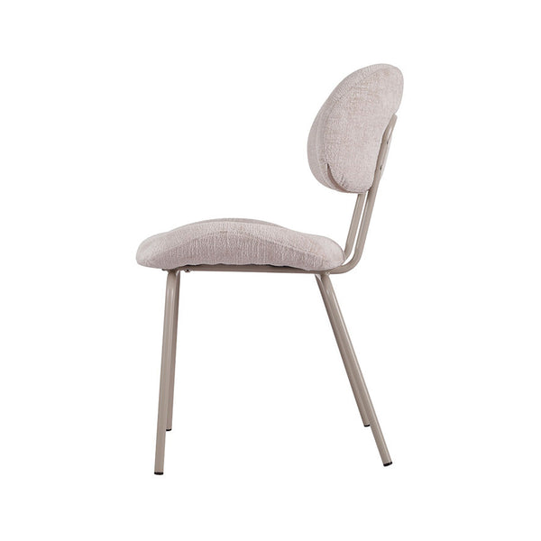 Upholstered dining chair with curved seat and back, pearl fabric, brushed metal legs