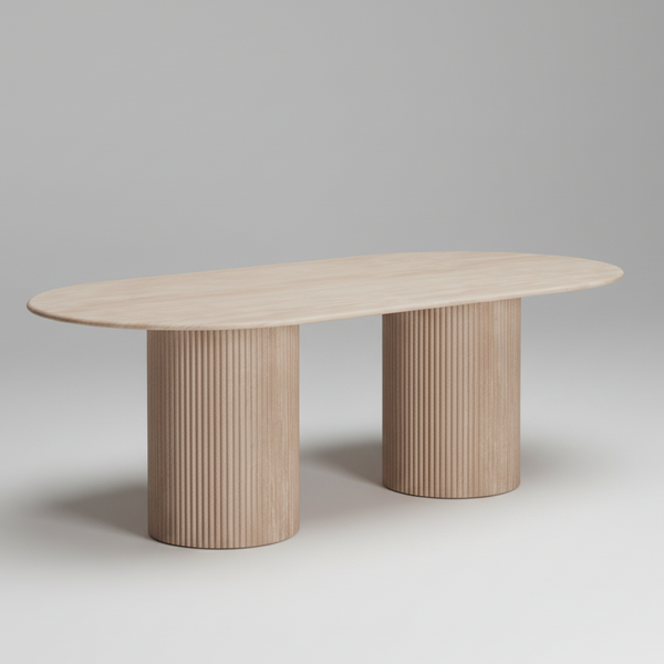 Wooden dining table with a light finish on a white background