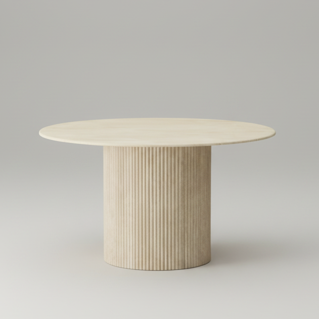 Round wooden table with a ribbed cylindrical base on a gray background
