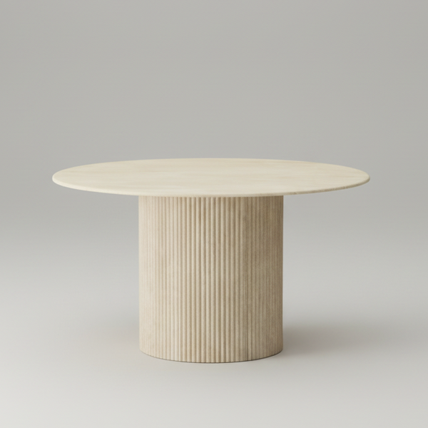 Round wooden table with a ribbed cylindrical base on a gray background