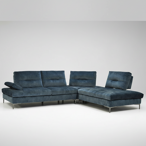 Blue modular sectional sofa with chaise, square back cushions, and dark legs