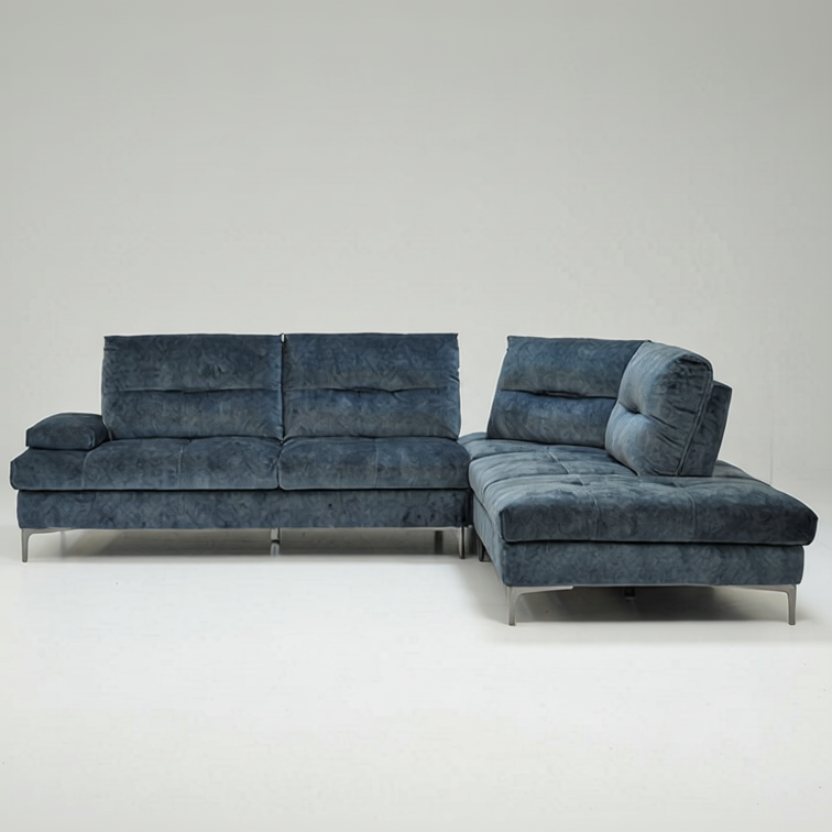 Modular corner sofa set in dark blue fabric with chaise extension and back pillows
