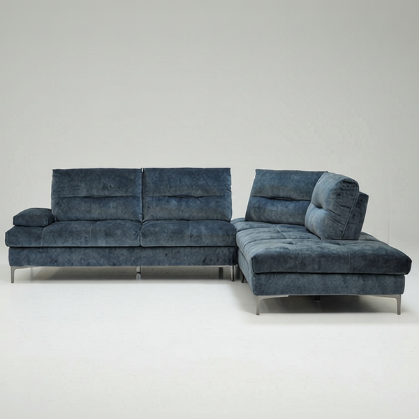Modular corner sofa set in dark blue fabric with chaise extension and back pillows