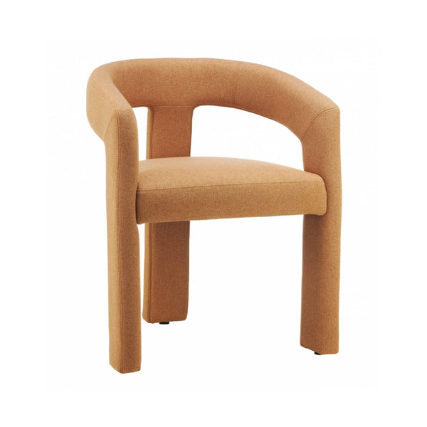 Orange fabric dining chair with curved arms and upholstered seat