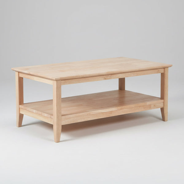 Wooden coffee table with a shelf on a light gray background