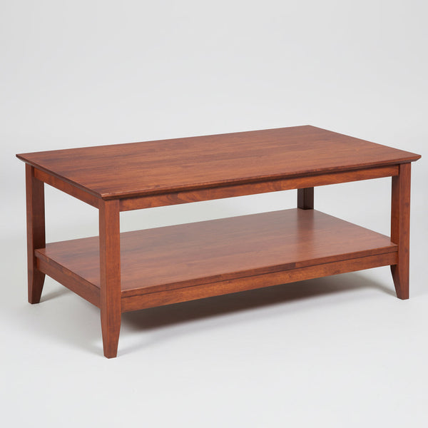 Wooden coffee table with a shelf on a white background