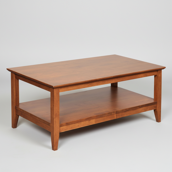 Wooden coffee table with a shelf on a white background