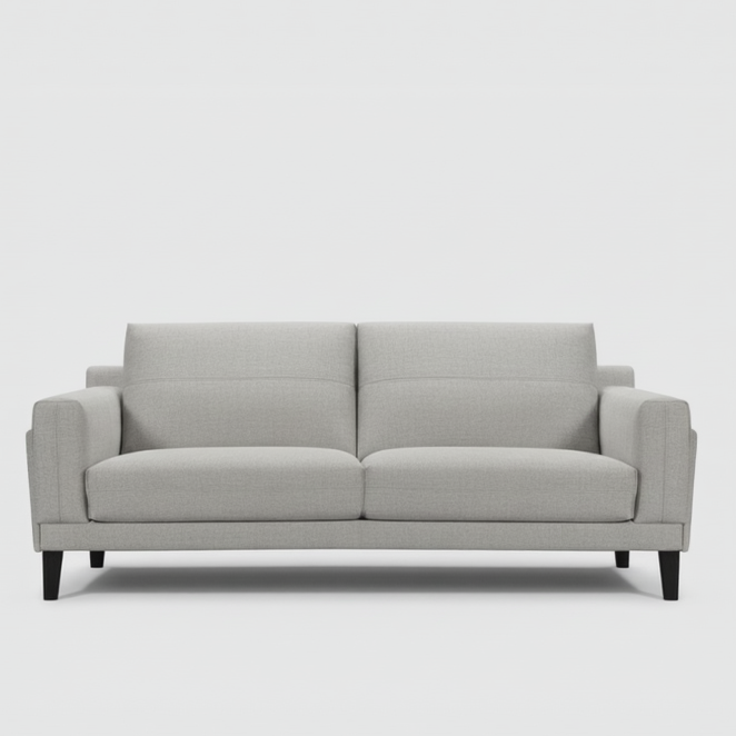 Light grey fabric sofa with two-seat bench and square arms