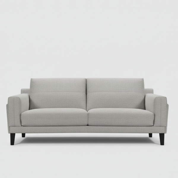 Light grey fabric sofa with two-seat bench and square arms