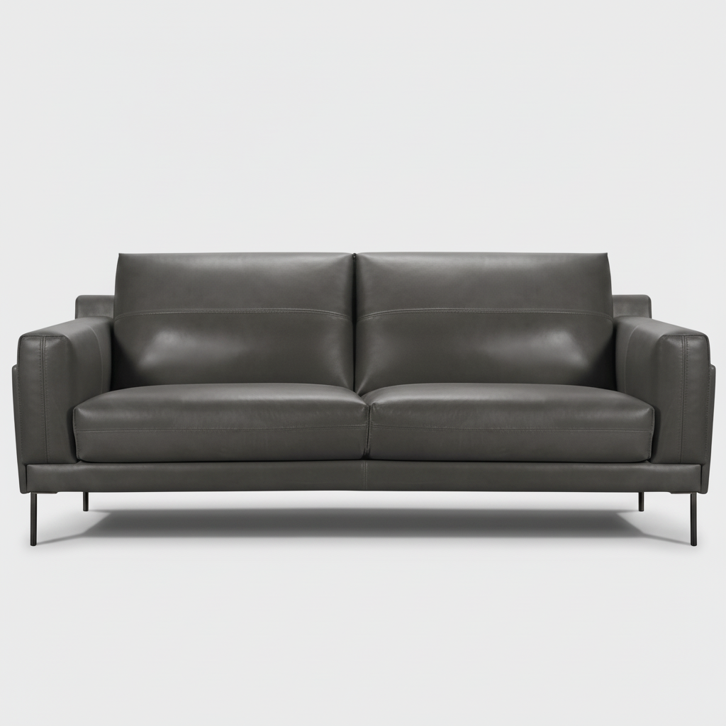 Charcoal gray leather sofa with two seat cushions and low squared arms