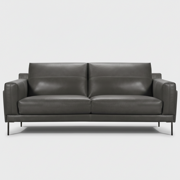 Charcoal gray leather sofa with two seat cushions and low squared arms