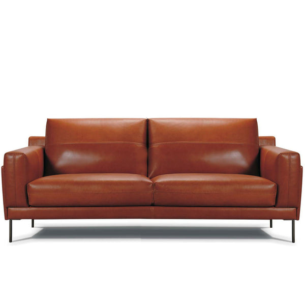 Cognac brown leather sofa with two seat cushions and central seam