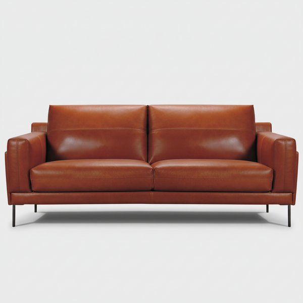 Orange-brown leather sofa with two seat cushions and matching armrests