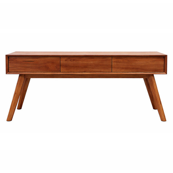 Wood console table with three drawers and tapered legs