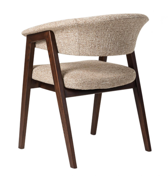 Dining chair with curved back, dark walnut legs, and beige woven fabric seat