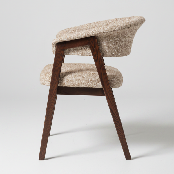 Dining chair with dark walnut wood legs and beige textured fabric seat and back
