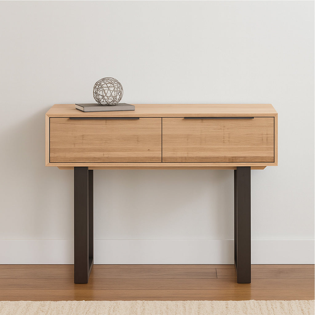 Rider console table with light wood top, two drawers, and dark legs