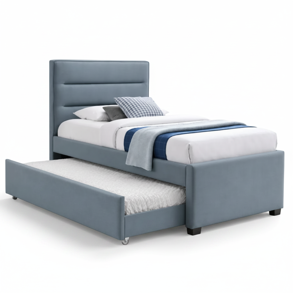 Sasha Single Upholstered bed in Mint Blue fabric with trundle bed