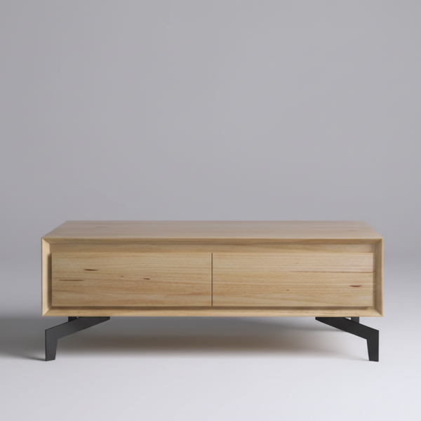 Messmate timber coffee table with two cabinet doors and black angled legs