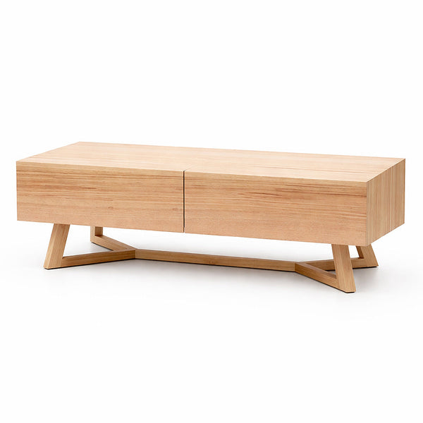 Light wood coffee table with two drawers and slanted wooden legs