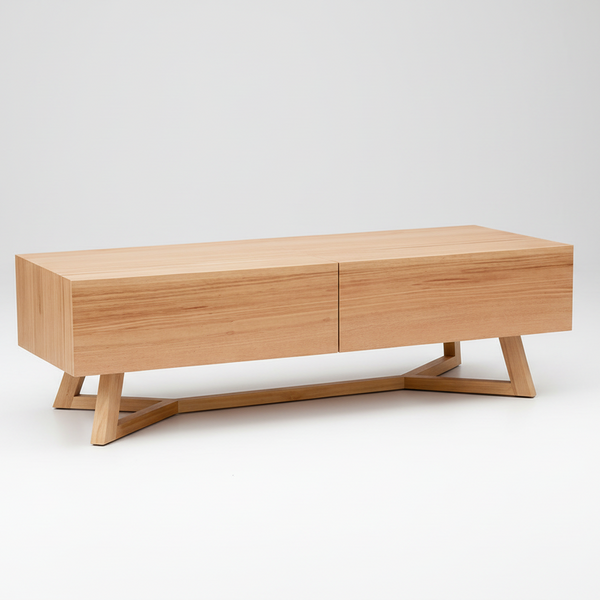Light wood coffee table with center drawer and cross-braced base