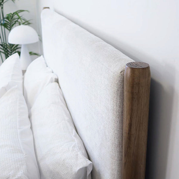 Queen and king size bed frame side panel with upholstered fabric and wooden leg