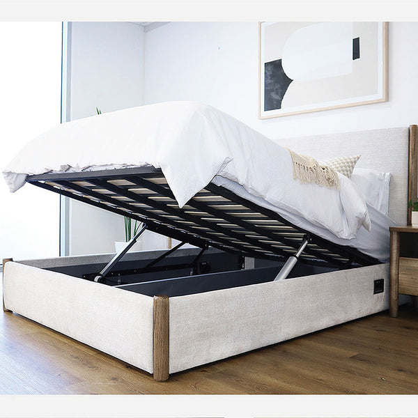 Queen and king size adjustable bed base with upholstered frame and raised platform