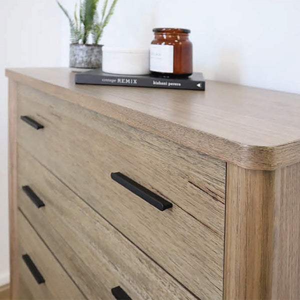 Queen and king size bed set nightstand with wood finish drawers and black bar handles