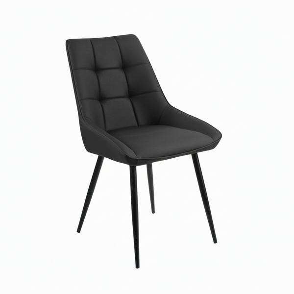 Black cushioned dining chair with quilted back panels and curved arms, angled legs