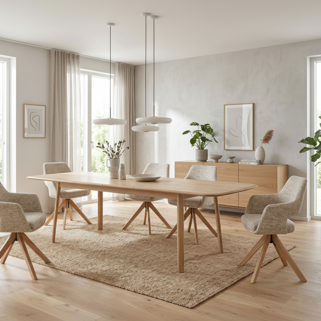 Dining table with light wood top and beige upholstered dining chairs