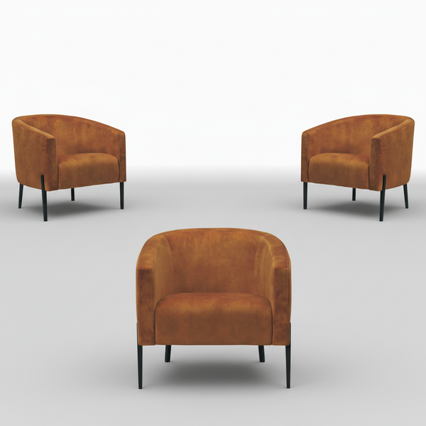 Golden-brown velvet accent chair with curved arms and vertical back panels