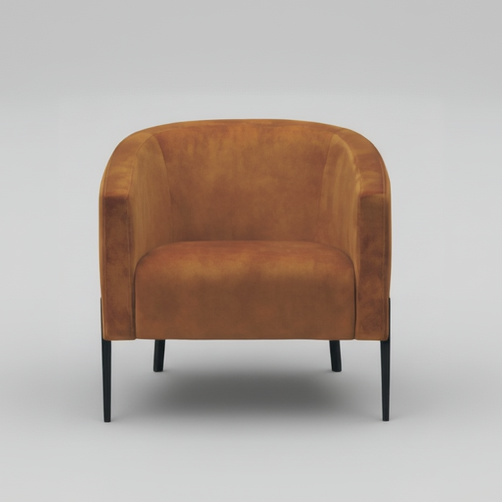Golden-brown velvet accent chair, rounded back and padded seat