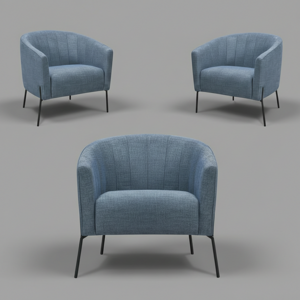Blue upholstered accent chair with curved arms and four tapered legs