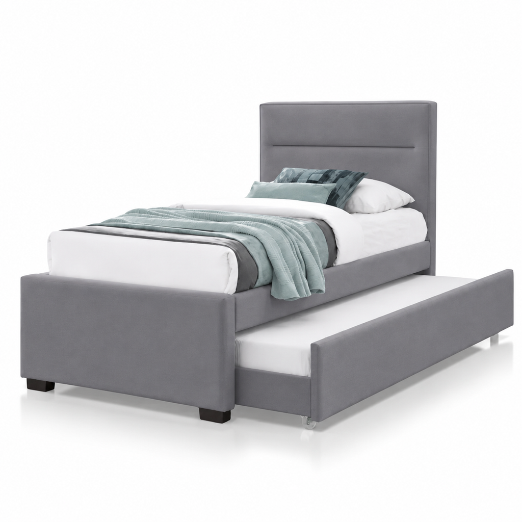Sasha Single King Single Upholstered bed in grey fabric with trundle bed